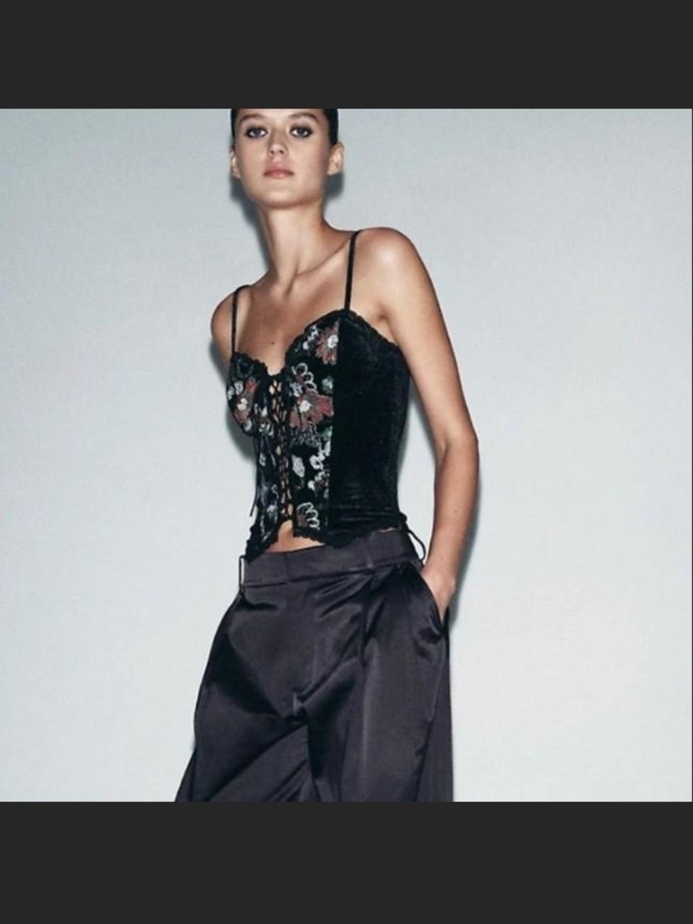Zara Black Velvet Floral Embroidered Corset Camisole